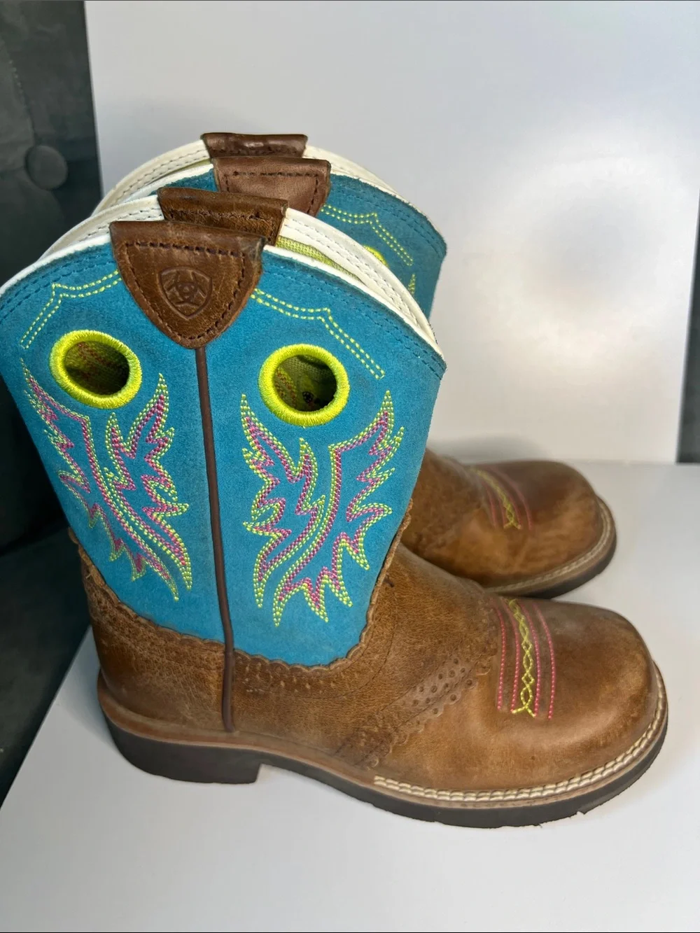 Ariat Kids Youth Fatbaby Cowgirl Western Brown Boots Size 1 Teal Pink Lime